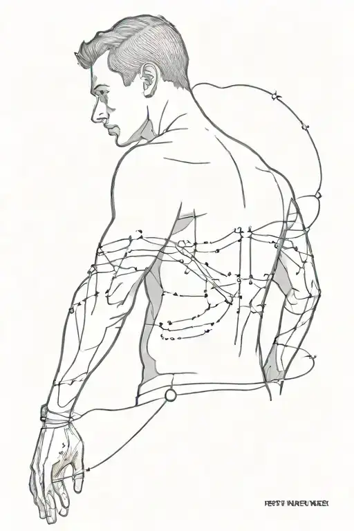 A fineline tattoo for man’s back with a man’s body which falls down and with mind, heart, dna signs tattoo design idea