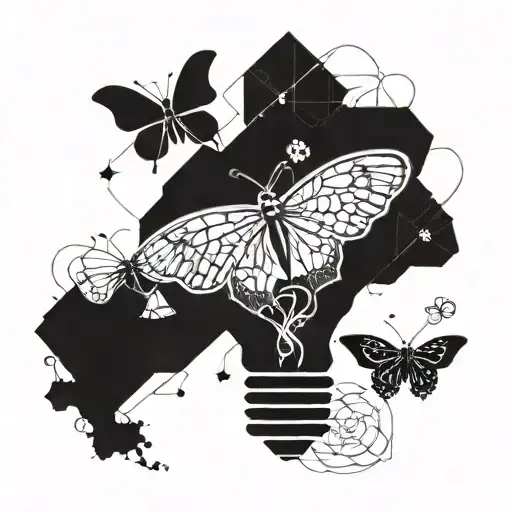 heart with butterflies coming out and light bulb with a brain in it connected. tattoo design idea