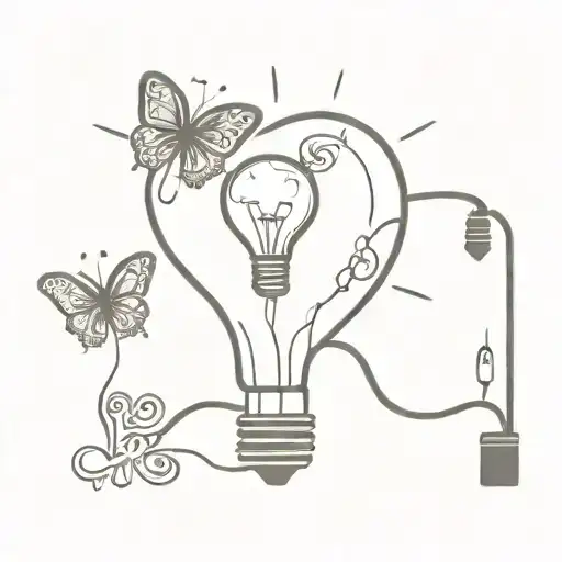 heart with butterflies coming out connected to a light bulb with a brain in it tattoo design idea