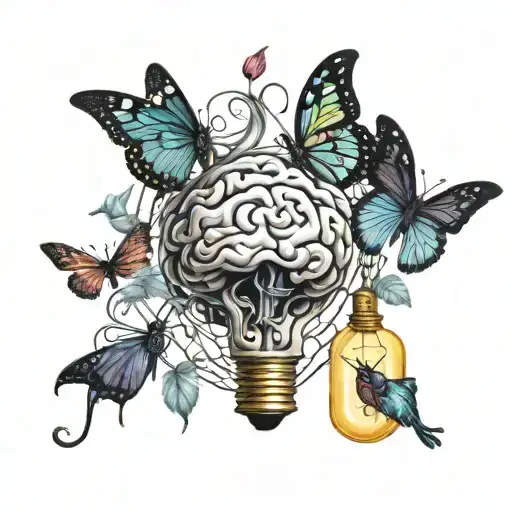 heart with butterflies coming out connected to a light bulb with a brain in it tattoo design idea