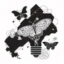 heart with butterflies coming out and light bulb with a brain in it connected. tattoo design idea