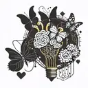 heart with butterflies coming out and light bulb with a brain in it connected. tattoo design idea