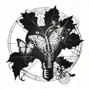 heart with butterflies coming out and light bulb with a brain in it connected. tattoo design idea