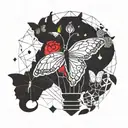 heart with butterflies coming out and light bulb with a brain in it connected. tattoo design idea