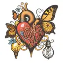 heart with butterflies coming out and light bulb with a brain in it connected. tattoo design idea
