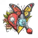 heart with butterflies coming out and light bulb with a brain in it connected. tattoo design idea