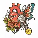 heart with butterflies coming out and light bulb with a brain in it connected. tattoo design idea