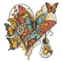 heart with butterflies coming out and light bulb with a brain in it connected. tattoo design idea