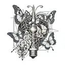 heart with butterflies coming out connected to a light bulb with a brain in it tattoo design idea