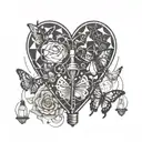 heart with butterflies coming out connected to a light bulb with a brain in it tattoo design idea