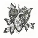 heart with butterflies coming out connected to a light bulb with a brain in it tattoo design idea