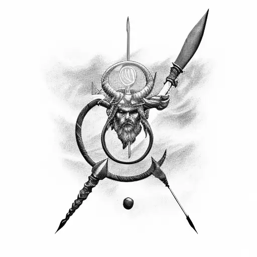 posidens trident and odysseus bow and quiver of arrows. lighting storm above  tattoo design idea