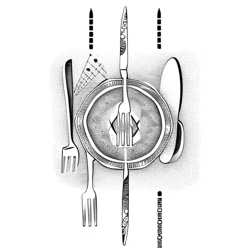 A fork, knife, and spoon intertwined with musical instruments and hiking gear tattoo design idea