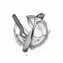 A fork, knife, and spoon intertwined with musical instruments and hiking gear tattoo design idea