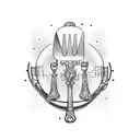 A fork, knife, and spoon intertwined with musical instruments and hiking gear tattoo design idea