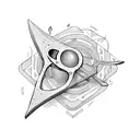 A fork, knife, and spoon intertwined with musical instruments and hiking gear tattoo design idea