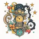 A whimsical tattoo featuring elements of Neverland and sparkling stars, symbolizing the writer's love of fantasy and short stories tattoo design idea