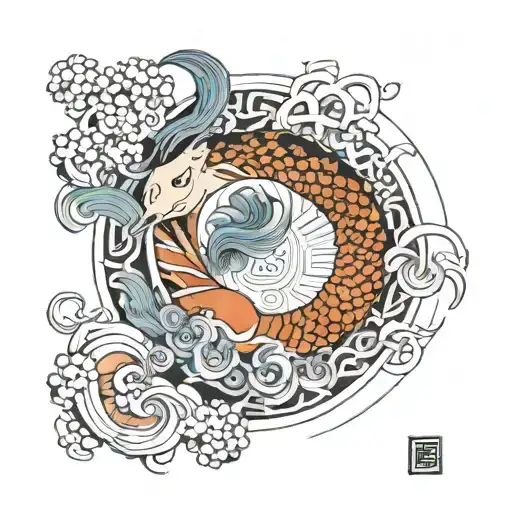 Astrological sign pisces, almond three, japanese temple, yin and yang, soul, mountain tattoo design idea