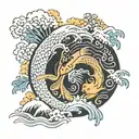 Astrological sign pisces, almond three, japanese temple, yin and yang, soul, mountain tattoo design idea