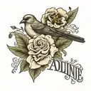 the name "Adeline" with small simple birds tattoo design idea