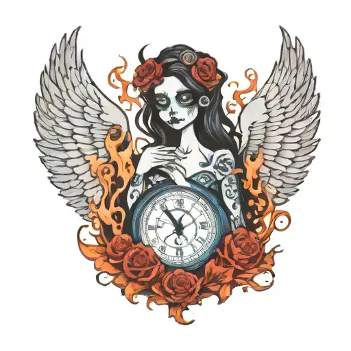 Emily Corpse bride , Phoenix rising from ashes , clock  tattoo design idea