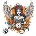 Emily Corpse bride , Phoenix rising from ashes , clock  tattoo design idea