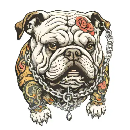 Demonic English bulldog with a chain in his mouth tattoo design idea
