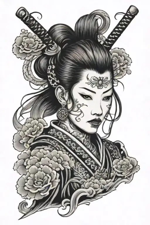 Japanese samurai girl, black cloud tattoo design idea