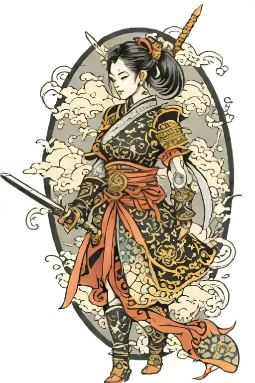 Japanese knight fantasy girl, black cloud  tattoo design idea