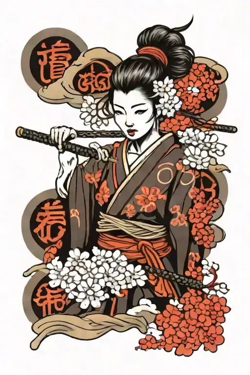 Japanese samurai girl, black cloud tattoo design idea