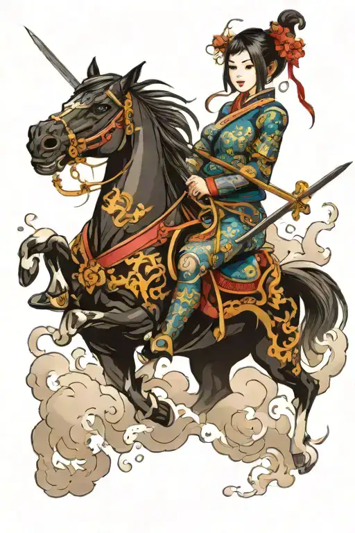 Japanese knight fantasy girl, black cloud  tattoo design idea