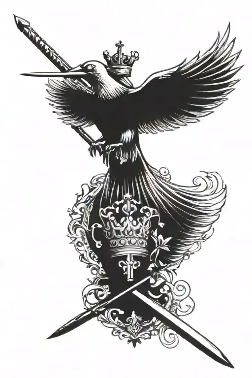 dove carrying sword and crown tattoo design idea