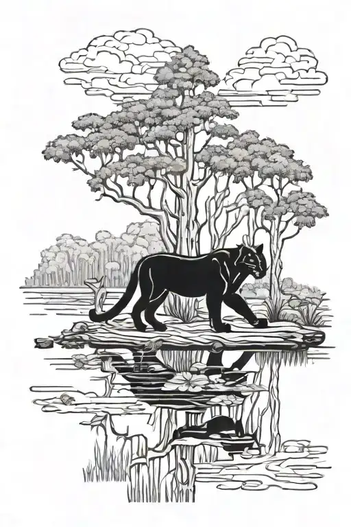 alabama swamp with sky and a hidden panther walking on log tattoo design idea
