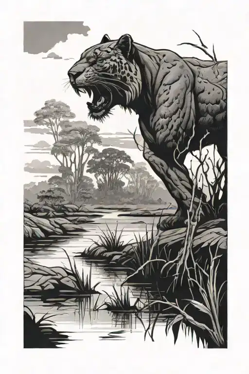 Alabama swamp with sky and a hidden panther tattoo design idea