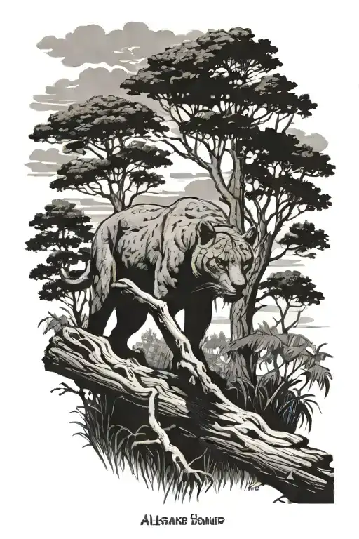 Alabama swamp with sky and a hidden panther walking on log tattoo design idea