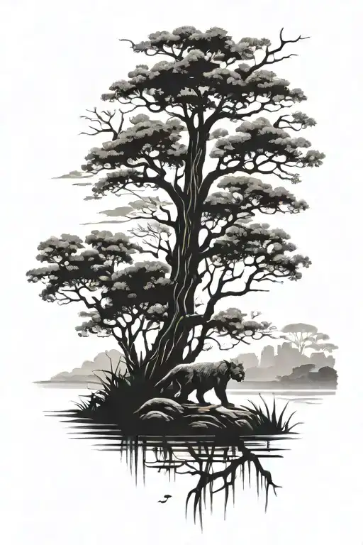 Alabama swamp with sky and a hidden panther walking tattoo design idea