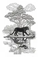 alabama swamp with sky and a hidden panther walking on log tattoo design idea