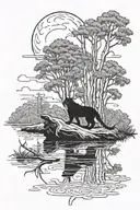alabama swamp with sky and a hidden panther walking on log tattoo design idea