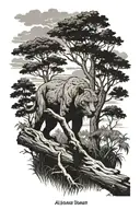 Alabama swamp with sky and a hidden panther walking on log tattoo design idea