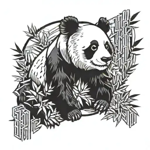 panda with bamboo near face and geometric background  tattoo design idea