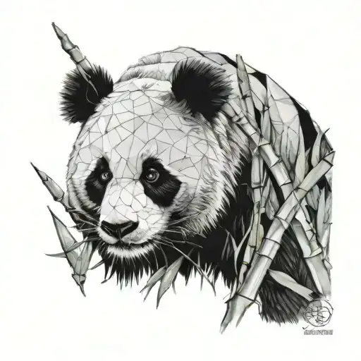 panda with bamboo in front of face and geometric background  tattoo design idea