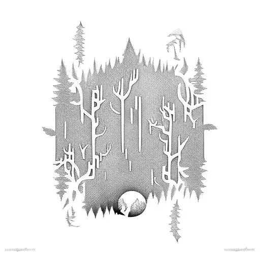 A surrealistic representation of a forest merging with musical instruments tattoo design idea
