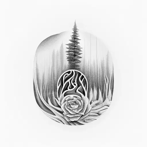 A surrealistic representation of a forest merging with musical instruments tattoo design idea