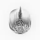 A surrealistic representation of a forest merging with musical instruments tattoo design idea