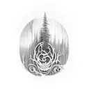 A surrealistic representation of a forest merging with musical instruments tattoo design idea