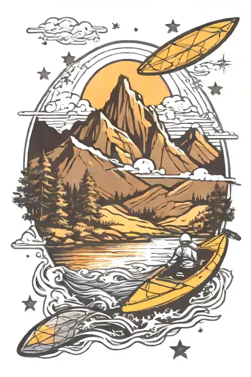 Kayak through a stream with mountains in the background with stars and the galaxy above  tattoo design idea