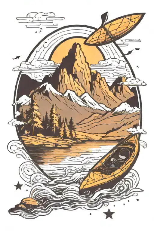 Kayak on a river with mountains and the night sky in the background turning into galaxy  tattoo design idea