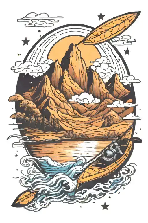 Kayak on a river with mountains and the night sky in the background turning into galaxy  tattoo design idea