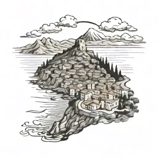  city on the coastline of Italy built over a mountain overlooking a volcano in the background  tattoo design idea