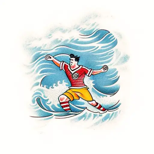 A traditional-style tattoo of a soccer player surrounded by waves tattoo design idea